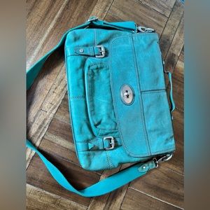 Fossil leather laptop briefcase bag teal